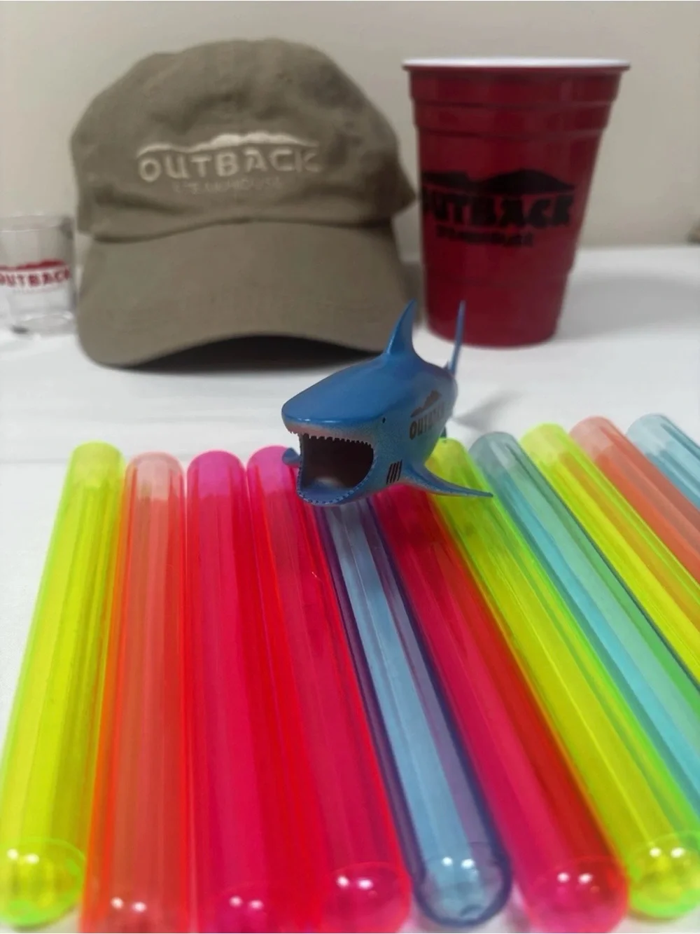 Outback Steakhouse Promo Lot~Employee Hat, Cup,Shark,Drink Hanger Shots,TR tubes
